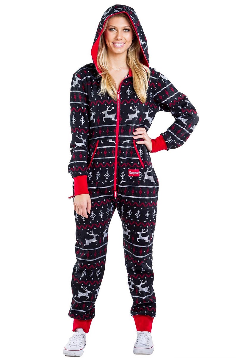 Tipsy Elves Christmas Onesies for Adults - Comfy Unisex Matching Holiday Jumpsuits with Convenient Pockets - Black Fair Isle Christmas Jumpsuit Size Small - Image 4